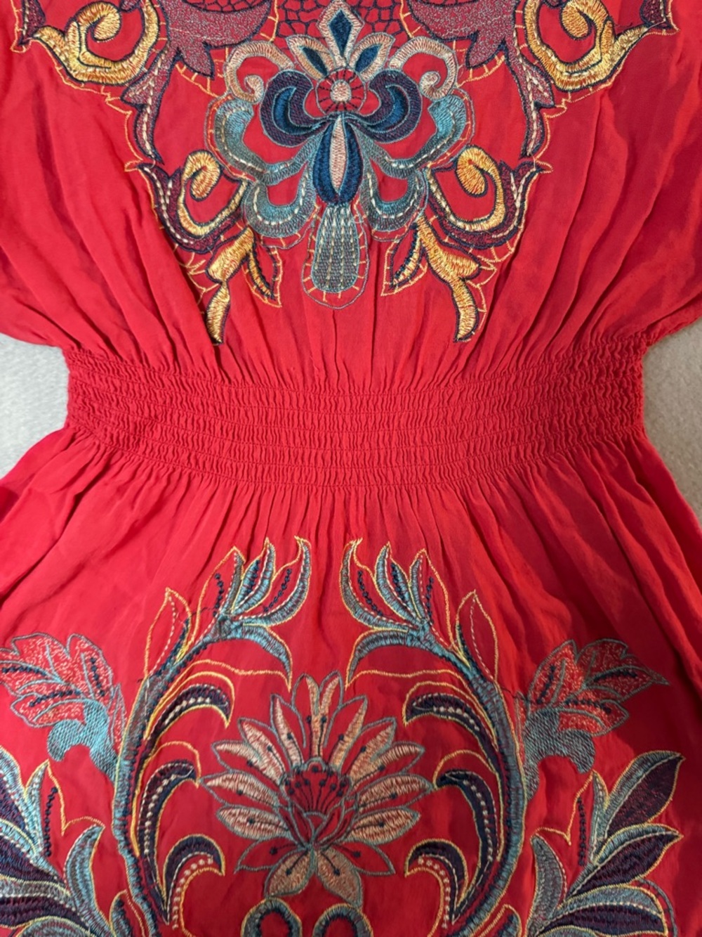 Y2K Forever 21 Red Embroidered Floral Smocked Waist Tunic Dress - Picture 3 of 5